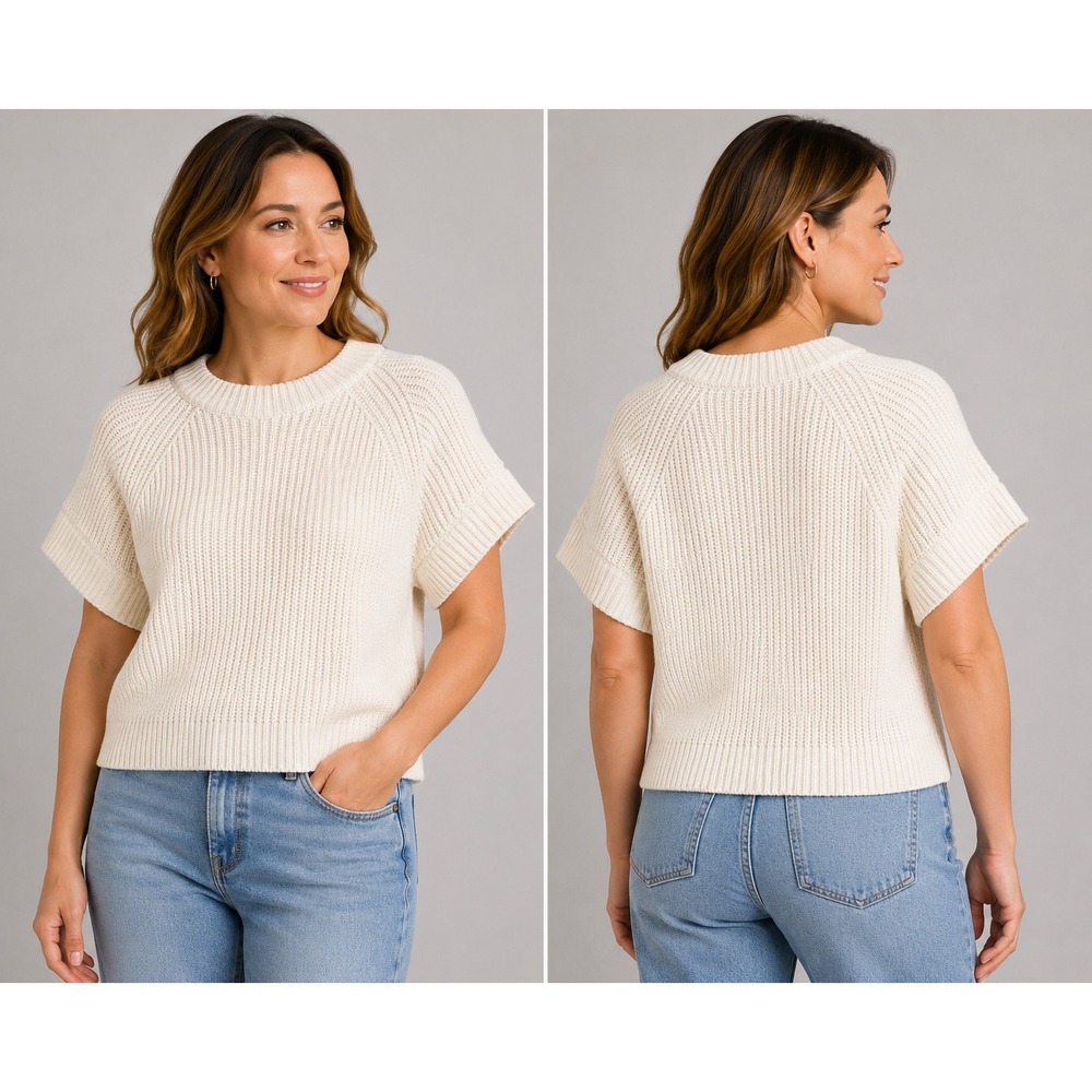 A New Day Womens Cream Shaker Stitch Short Sleeve Crewneck Sweater Size M NEW